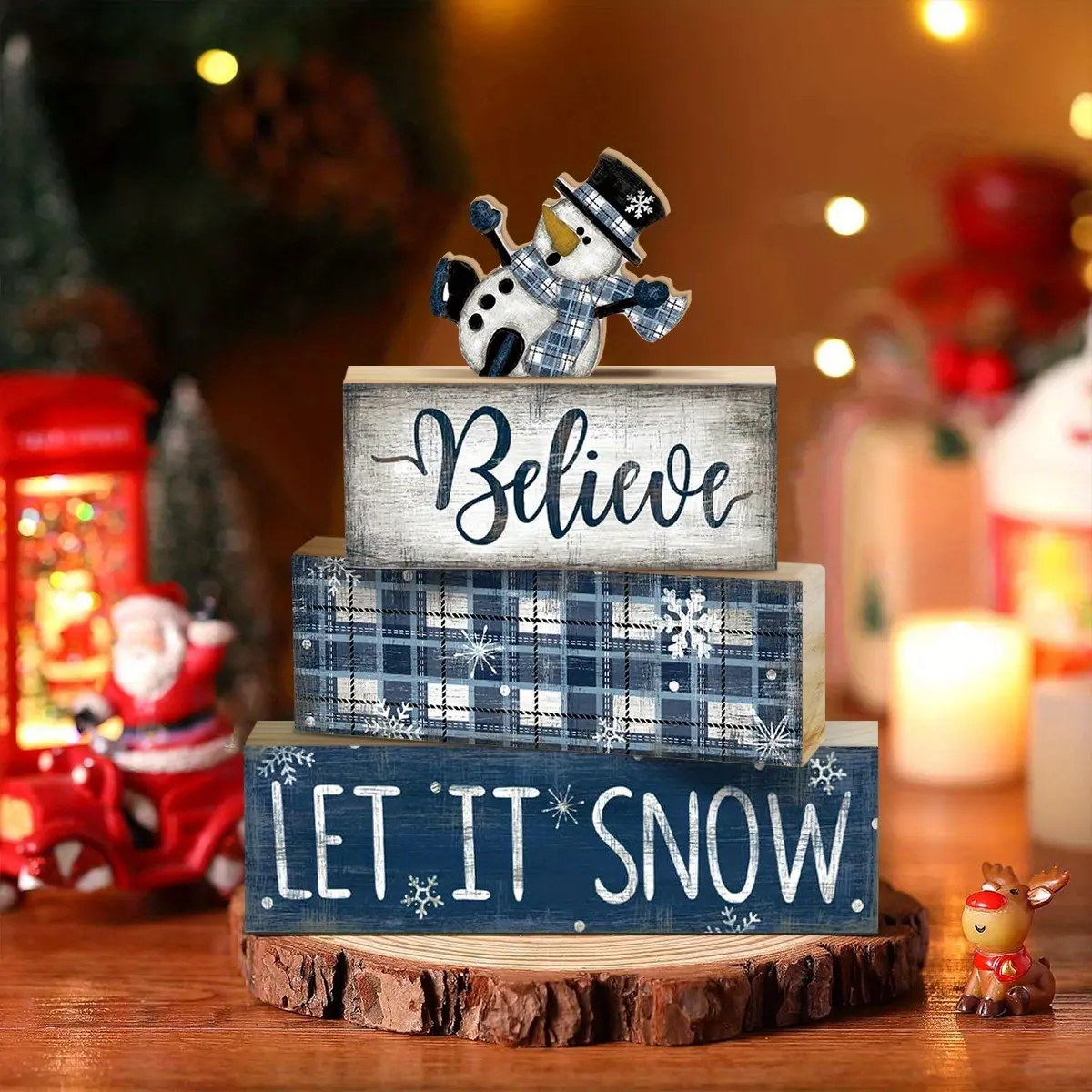 Four-Piece Rustic Christmas Table Centerpiece Set, Tiered Tray Decor. Beautiful Seasonal Decor Suitable for Year-Round Display. Block Sign Gifts for Farmhouse Winter Table Decor, Perfect Keepsakes