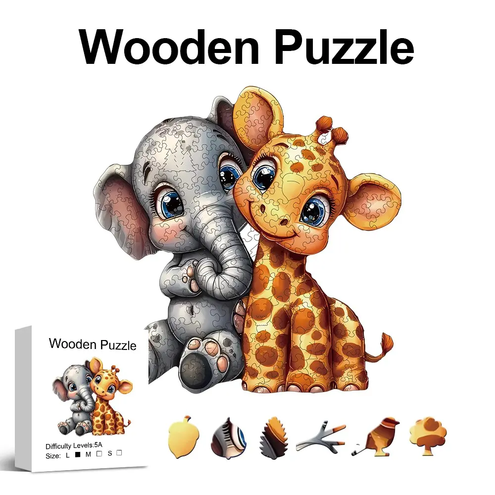 Elephant Giraffe Wooden Puzzle for Adults, Unique Shape Pieces, Elegant Gift Box, Brain-Boosting, Room Decor, Holiday Gift, Christmas Present