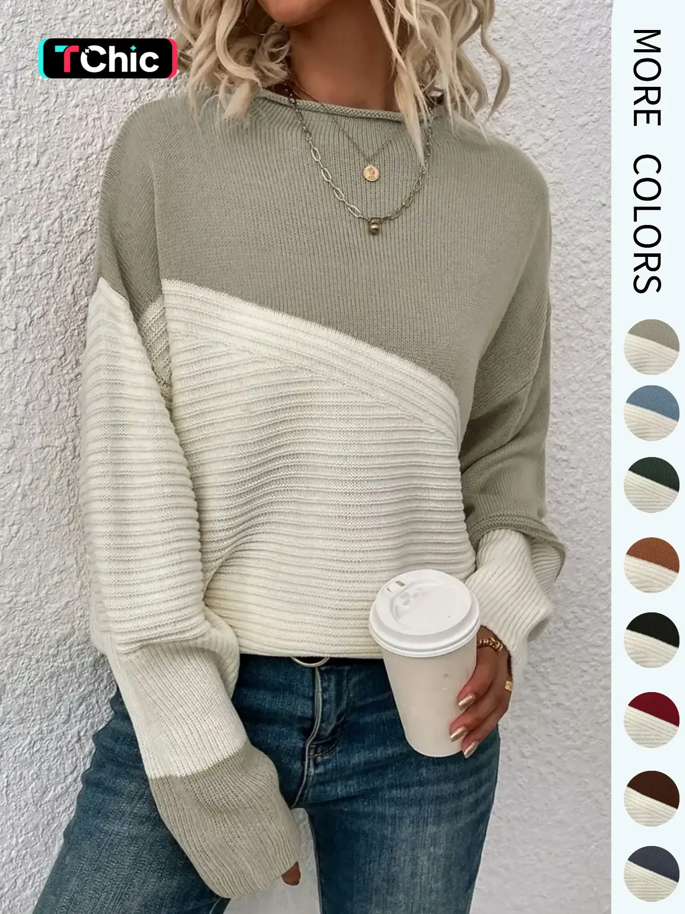 Women's Colorblock Drop Shoulder Baggy Sweater, Casual Long Sleeve Round Neck Jumper, Ladies' Knitwear for Everyday Wear, Sweaters for Women, Womenswear