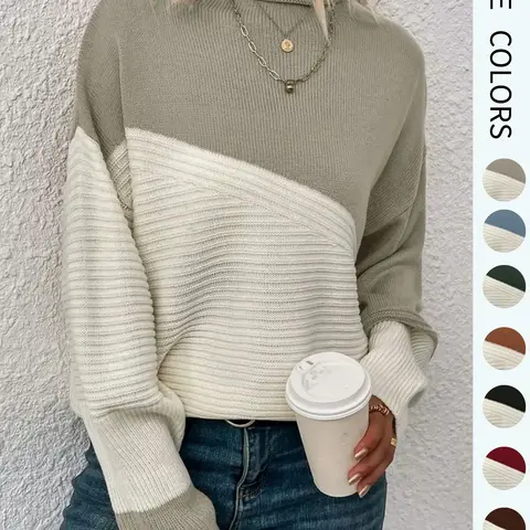 Women's Colorblock Drop Shoulder Baggy Loose Knit Sweater Piece, Casual Long Sleeve Round Neck Jumper, Ladies' Knitwear for Everyday Wear, Sweaters for Women, Womenswear