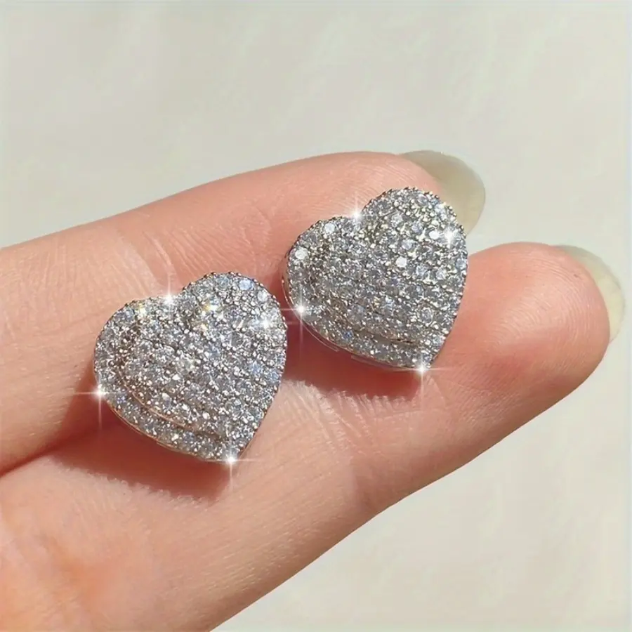 Women's Love Theme Micro-Zircon Heart Stud Earrings, Fashion Costume Jewelry for Wedding Anniversary Gifts