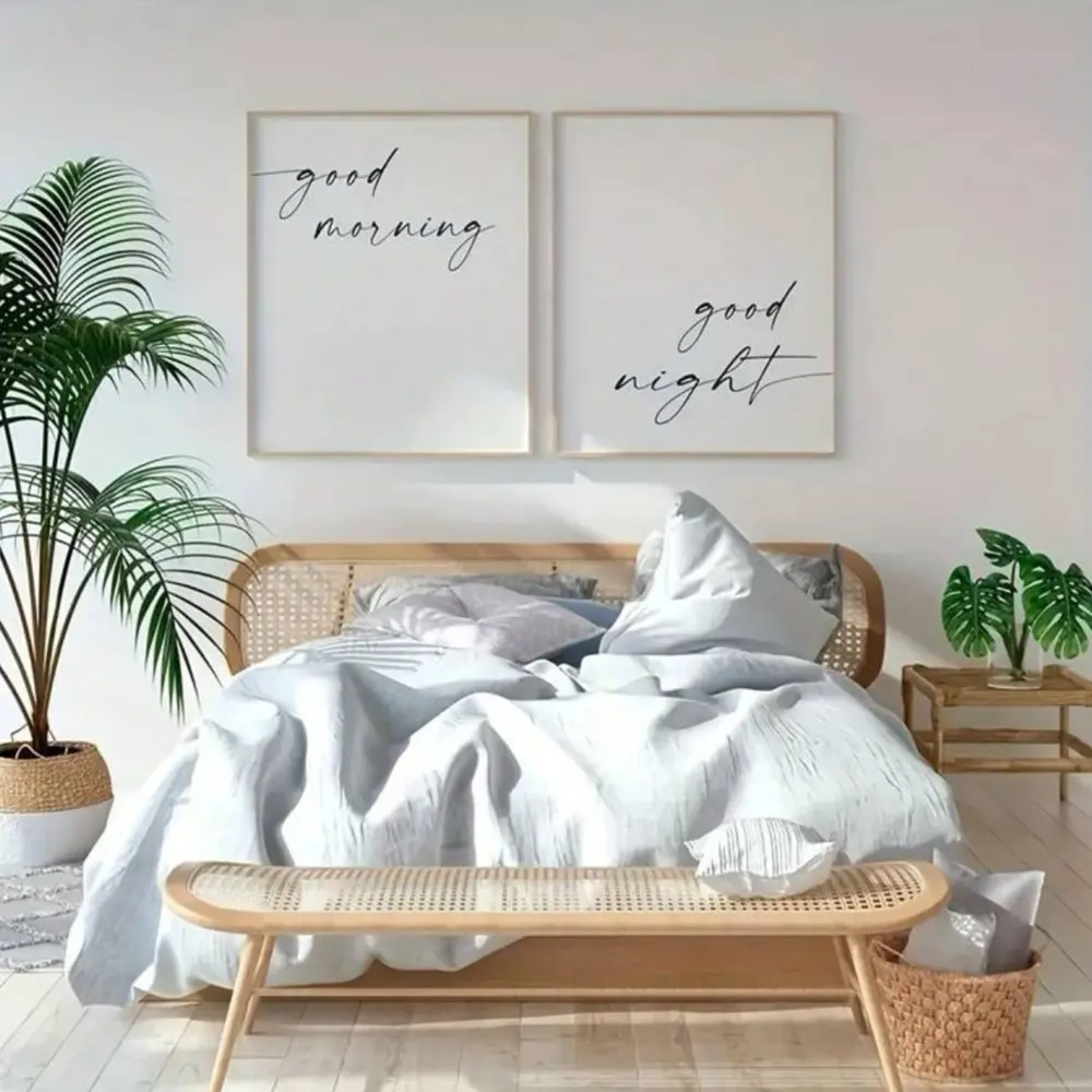 2-piece Good Morning & Good Night Quote Decorative Canvas Art Prints, Flat Minimalist Text Wall Decor, Living Room Wall Decoration, Framed and Unframed Options Available