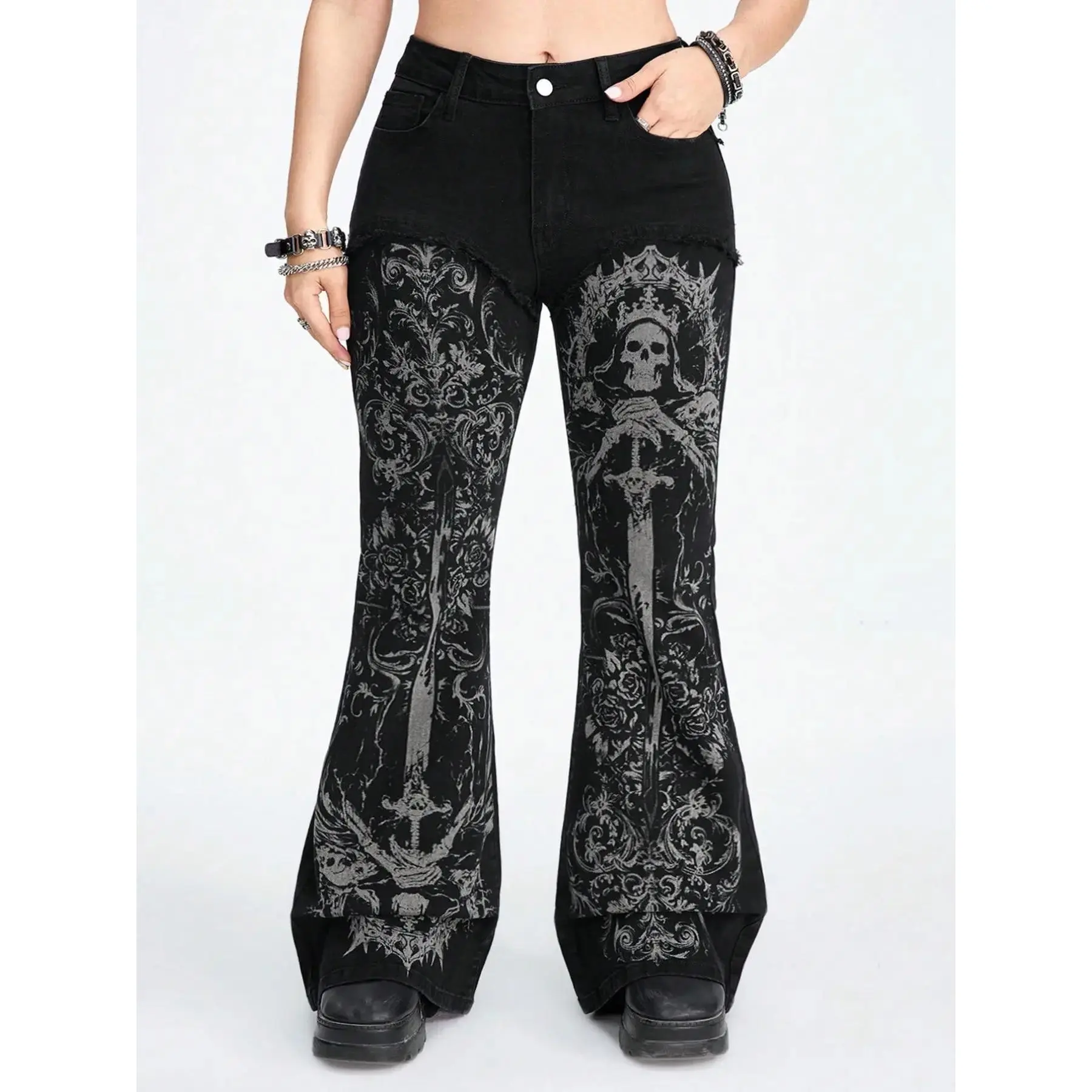 Vibrant Gothic Skull Print Flared Pants Everyday Style, Halloween Exclusive, Casual All-Season Fitted All over Design, Long Lasting, Graphic Relaxed Ready To Wear, Well Made, tailored comfort, sleek line