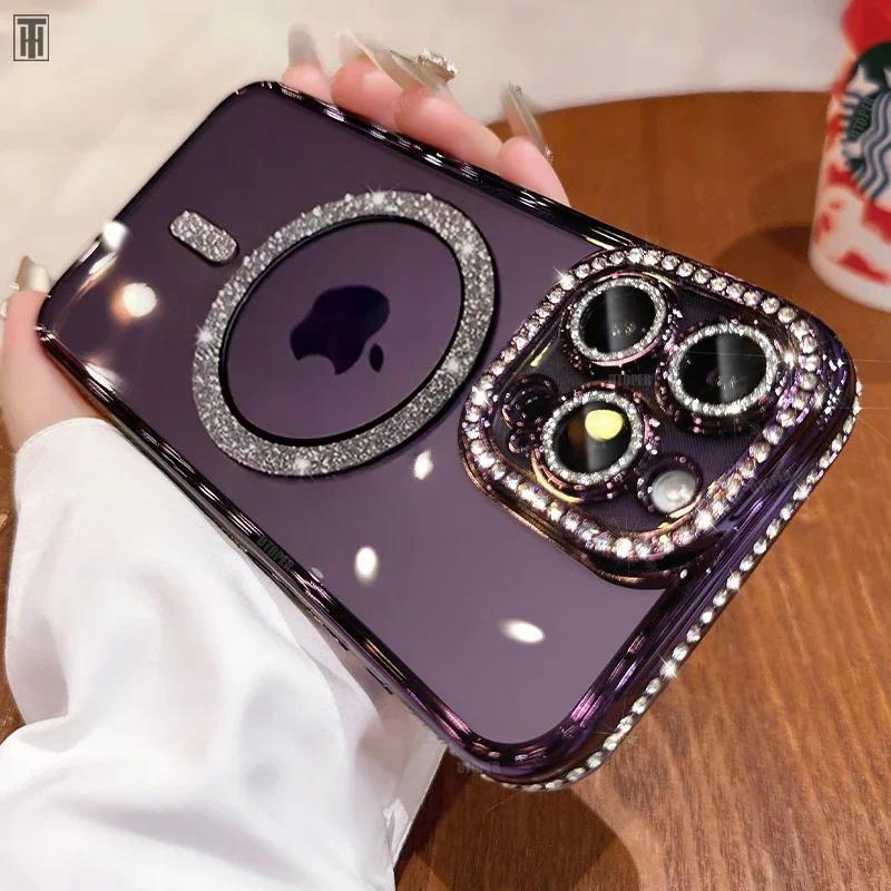 Luxury Bling Crystal Lens Film Phone Case For iPhone 15 11 12 13 14 Pro Max Plus Magsafe Magnetic Wireless Charging Clear Cover