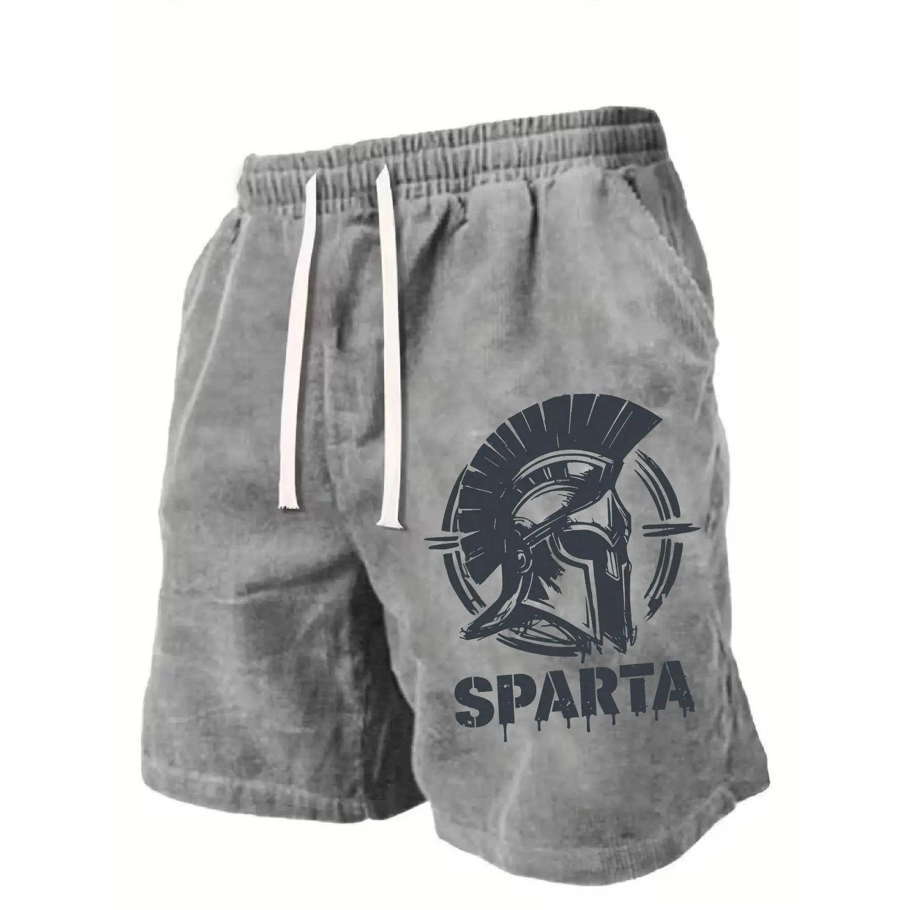 Spartan Distressed Print 300g Heavyweight Vintage Cotton Washed Shorts Unisex Streetwear Trendy Comfortable Athletic Casual Holiday Essential