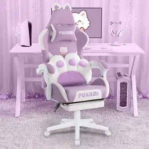 Cute Gaming Chair With Cat Ears & Cat Paw Lumbar Support, Ergonomic Reclining PC Chair, With Footrest, Headrest & Adjustable Features,Halloween Decor