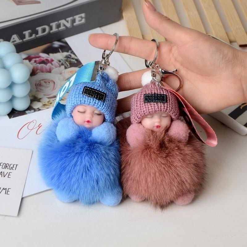 2-Pack Cute Fluffy Plush Sleepy Doll Keychain for Women, Kawaii Bag & Car Key Ring Pendant, Soft Lightweight Adorable Gift for Girls