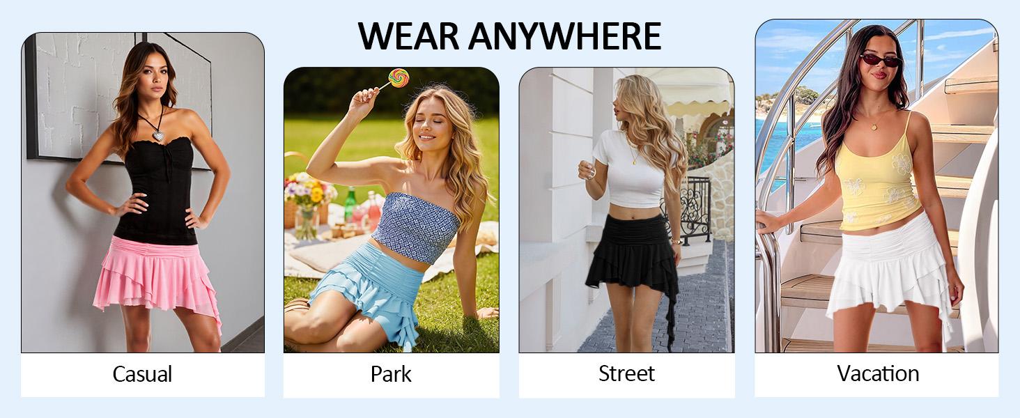 Yousify Women's Y2K Mini Skirts Mesh Flowy Ruffled Skirt Layered Low Rise Pleated Asymmetrical Short Skirts for Summer