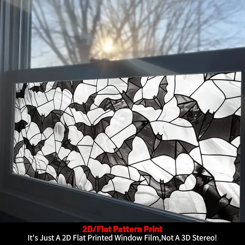2D Flat, 1pc, Halloween Decorative Window Film, 2D Flat Black and White Bat Pattern Glass Window Sticker, Glass Door and Window Decorative Sticker, PVC Electrostatic Adsorption Decorative Window Film, Home Decoration Glass Decal, Suitable for Living