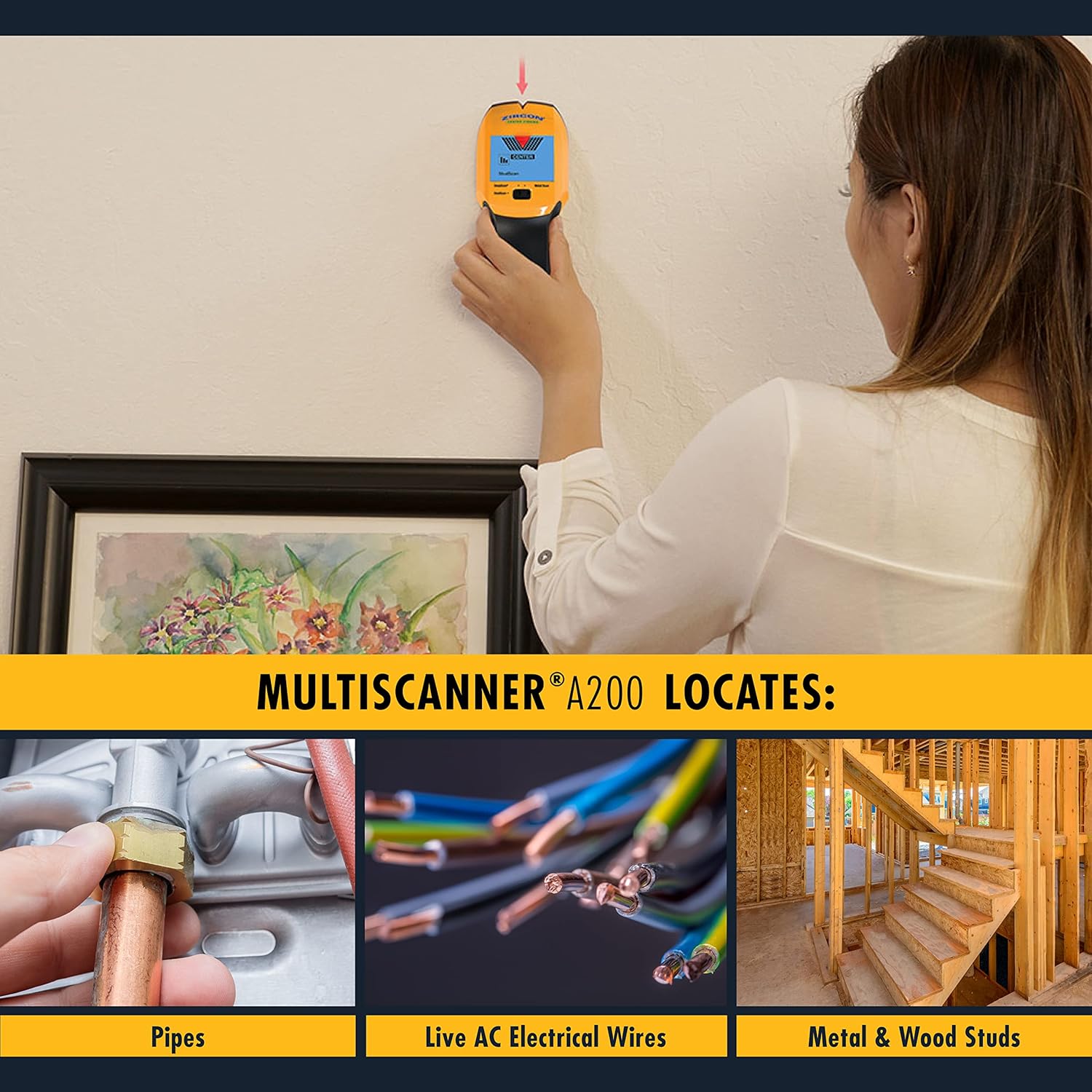 MultiScanner A200 -  Wall Scanner Stud Finder & Metal Detector with Live AC Wire Detection, SpotLite Pointer, ACT Auto-Correcting Technology