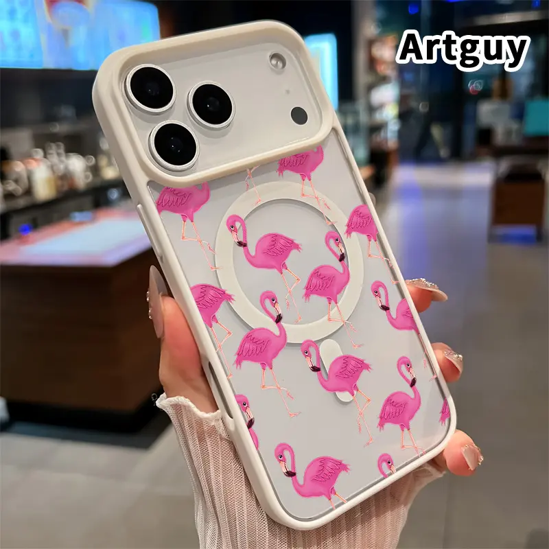 Magnetic Phone case for iPhone 17 16  Pro Max Plus 15 14 13 12 11 Air E Pink Flamingo Pattern Pattern Non-Yellowing Shockproof Soft Silicone Transparent Acrylic Cover Supports Wireless Charging