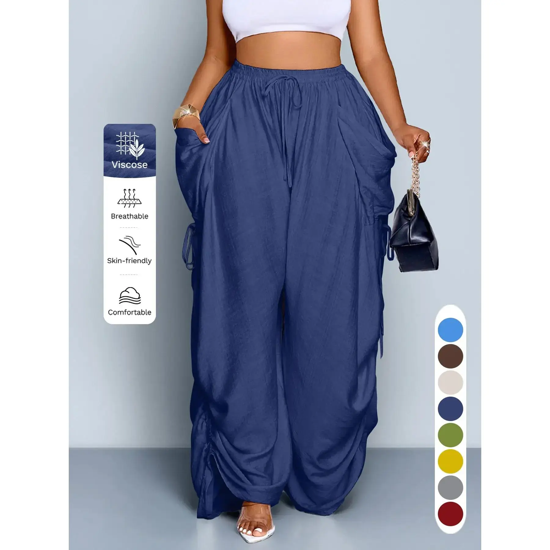 Women's Casual Loose-Fit Wide Leg Pants, All-Season Woven Fabric, Long Plain Design, Daily Commute & Vacation Wear