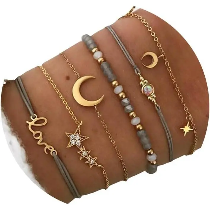 Boho Layered  Bracelet Set  Moon   | Stackable bracelet set with moon and  charms, adjustable fit and style for beach trips, vacations and everyday outfits