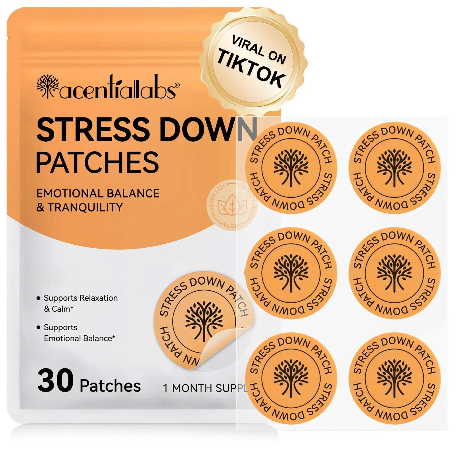 Acential Labs Stress Relief Patch 30 Count, Supports Emotional Balance, Relaxing & Soothing, Contains Lychee, Magnolia, Tea, Gaba
