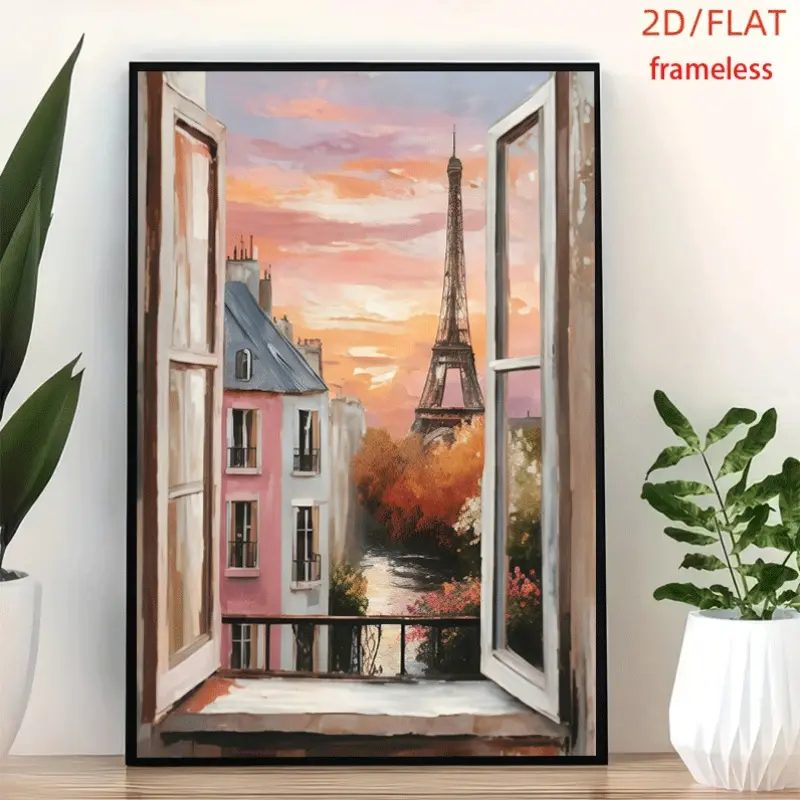 frameless Paris Window View Art Decor Print Poster, Wall Art for Living Room, Bedroom, Office, Dining Room & Bar, Perfect Gift & Home Decor, 12in x 16in