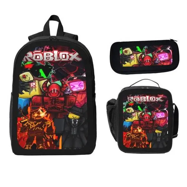 Roblox Character Pattern Backpack 3‑Pack Set, School Backpack, Insulated Lunchbox and Pencil Pouch for Ages 6‑12