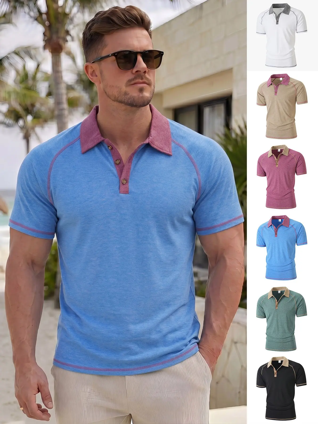 Men's Contrast Collar Polo Shirt, Color Block Knit Short Sleeve Top, Casual Golf Tee for Summer Daily Wear, Outdoor Holiday Streetwear, Classic Men's Apparel, Clearance Deal, Trending Essential, Essential for Man's Wardrobe