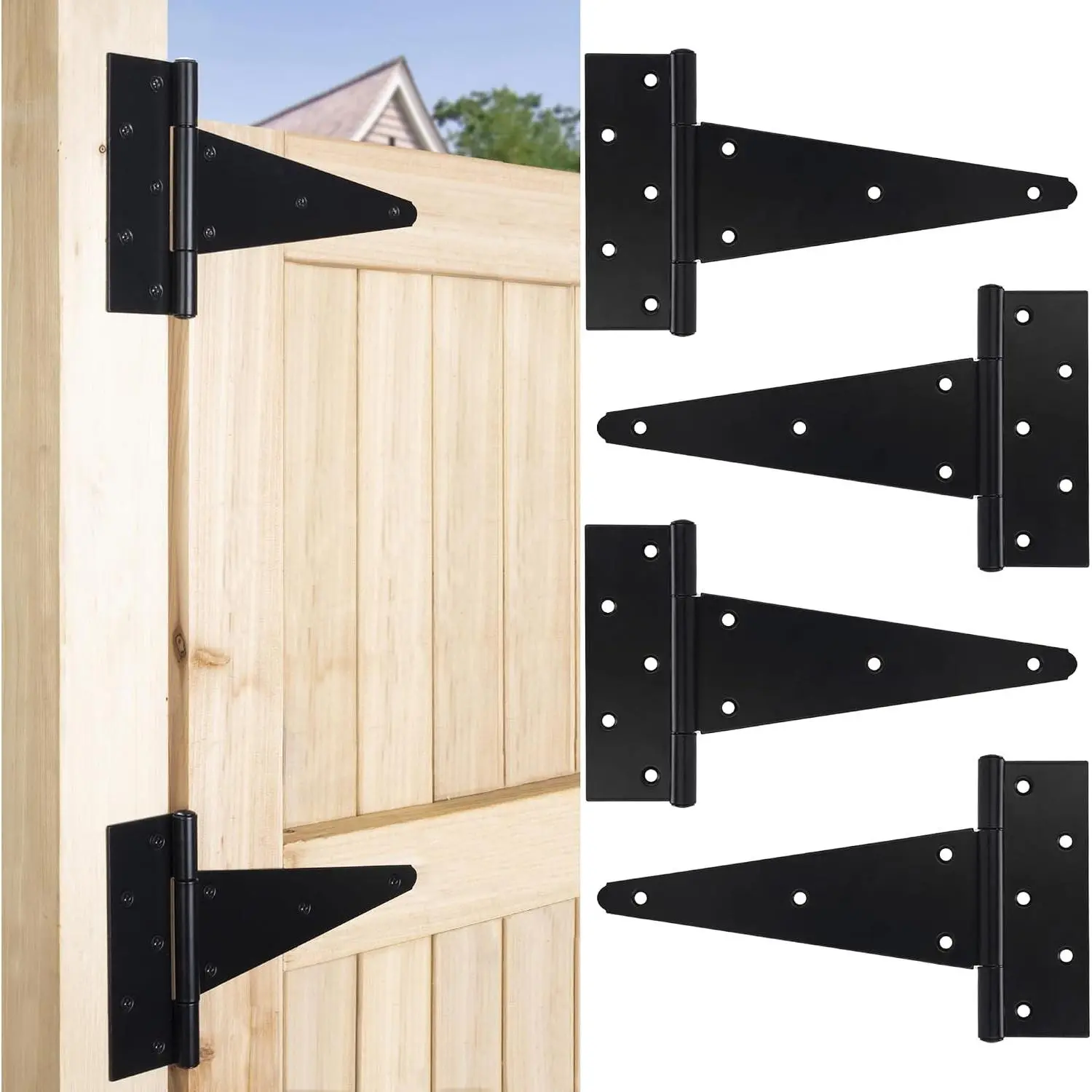 10 Inch T-Strap Gate Hinges, Heavy Duty Black Rustproof Wrought Iron Hardware, 4 Pack for Wooden Fence Yard Gate Shed Barn Door