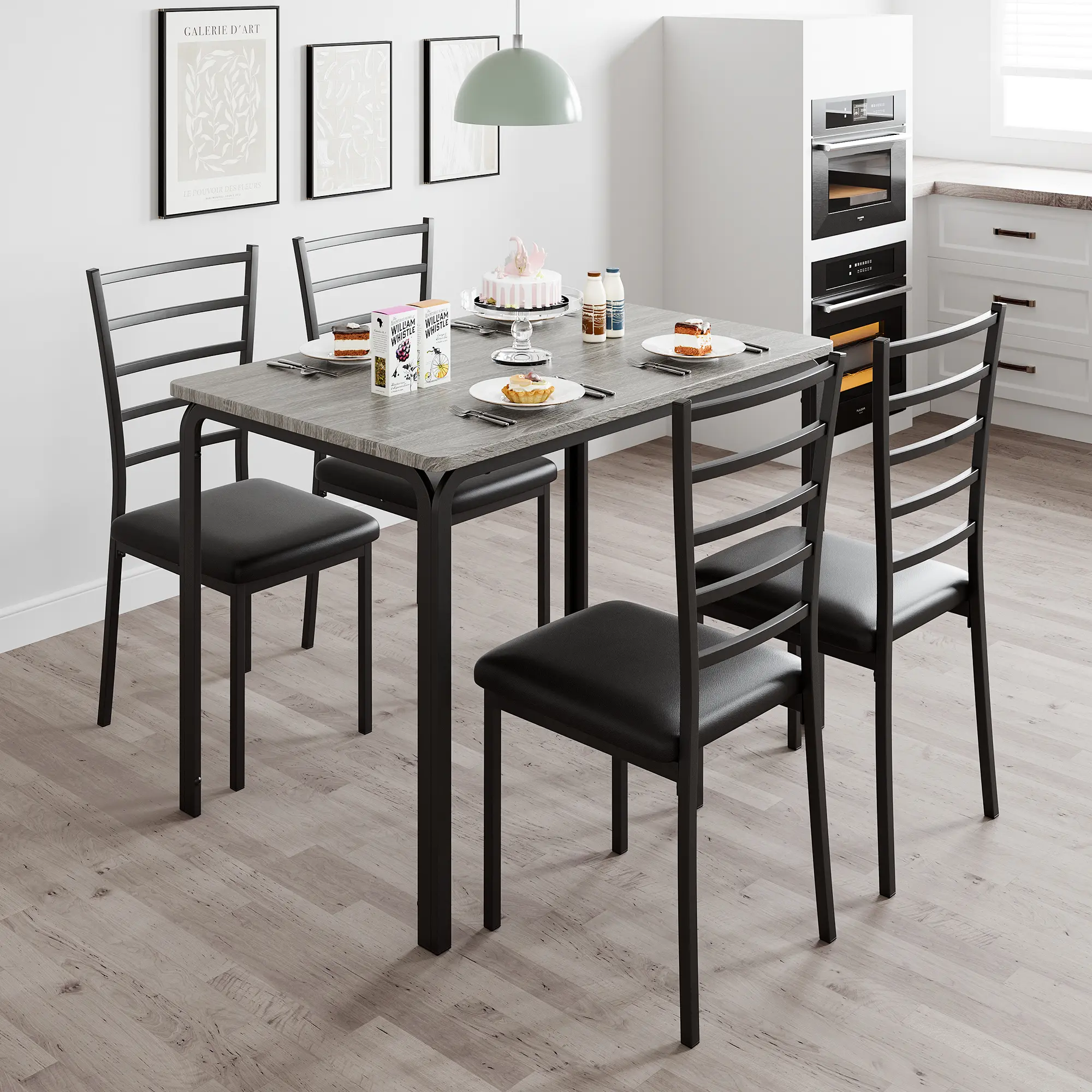 5-Piece Modern Dining Table Set Seats 4, Space Saving Steel Metal Frame Rectangular Glass Top Table with 4 PU Leather Upholstered Chairs, Compact Kitchen Dining Furniture for Apartment Living Room Workspace