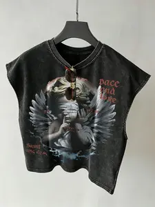 Washed Vintage Nirvana Angel Print Cropped Sleeveless Tank Top, 90s Retro Rock Streetwear Band Tee, Acid Wash Loose-Fit Unisex Summer Casual Top, Neon Green Print Retro Rock Concert Outfit