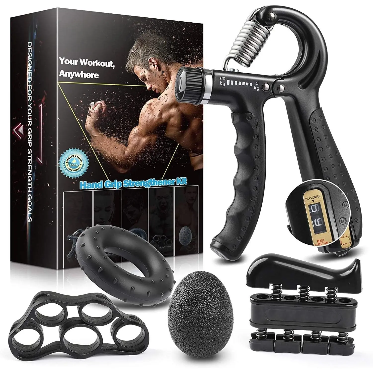 Grip Strength Trainer Kit With Counter (5 Pack) - Adjustable Hand Strengthener, Counting Strength, Finger Trainer, Exerciser, Ring &   Ball With Carry Bag