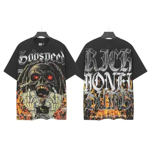 Godspeed Vintage Washed Flame Skull Money Graphic T-Shirt, Oversized Hip Hop Streetwear, Men's Short-Sleeve Casual Tee, Summer Trend Y2K Top | graphic tees | summer mens clothing | TikTok Shop Deals
