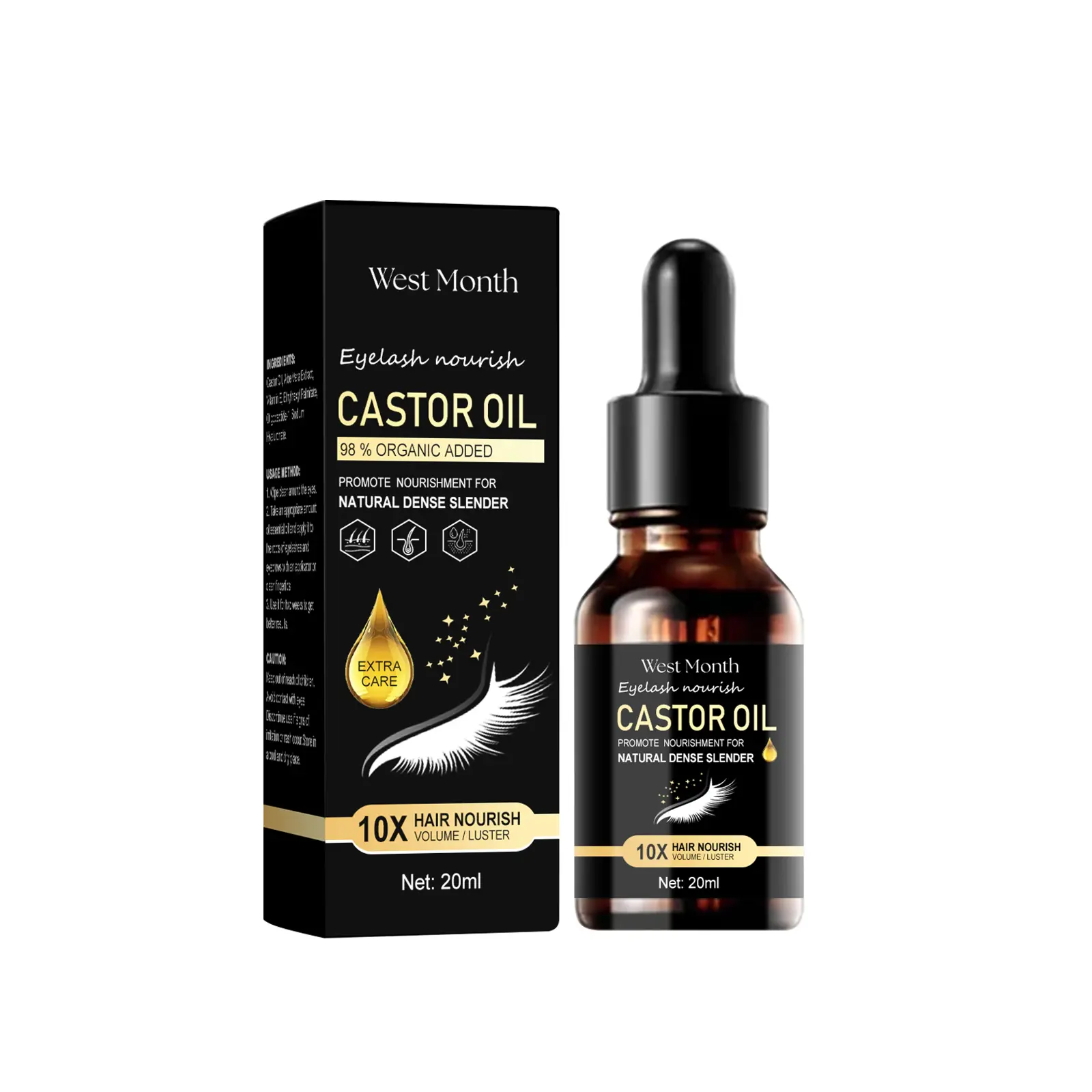 West Month Castor Oil Blend Mascara - Natural Jet Black Nourishing Lengthening Long Lash Mascara for Eyelashes, Thickening, Moisturizing, Curling, Mild Makeup Lash Care, Moisture, Black Mascara
