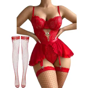 Women's Wardrobe  Alrovetoney Women Lingerie with Garter Belt 4pcs Set Lace Contrast Mesh Bodysuit Ruffle Garter Belt Skirt With Stockings