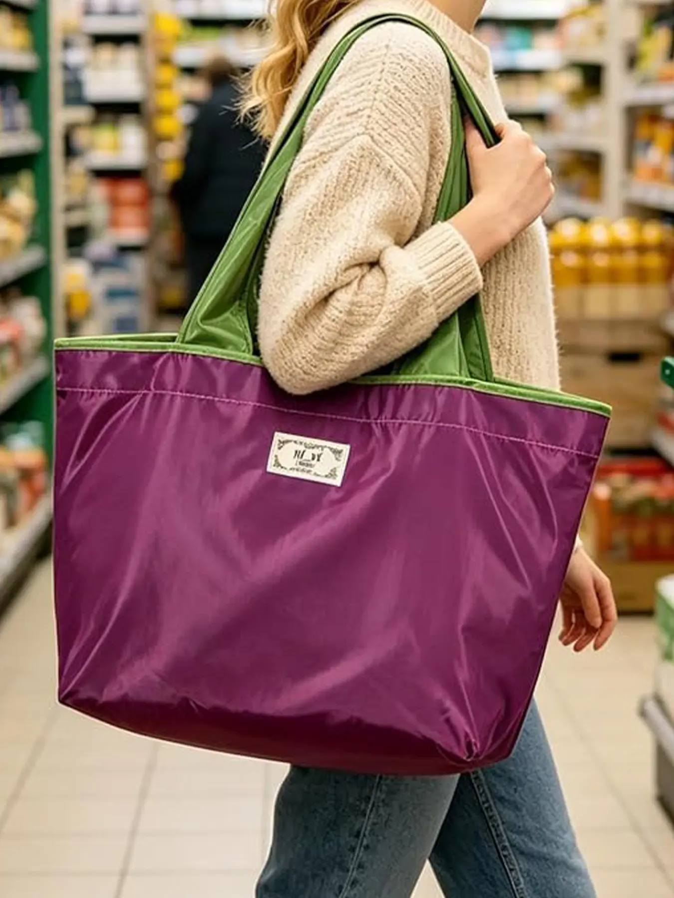 Reusable Shopping Bags with Handles, Foldable Lightweight Grocery Bags, Large Tote Bag, Assorted Colors, Drawstring Closure