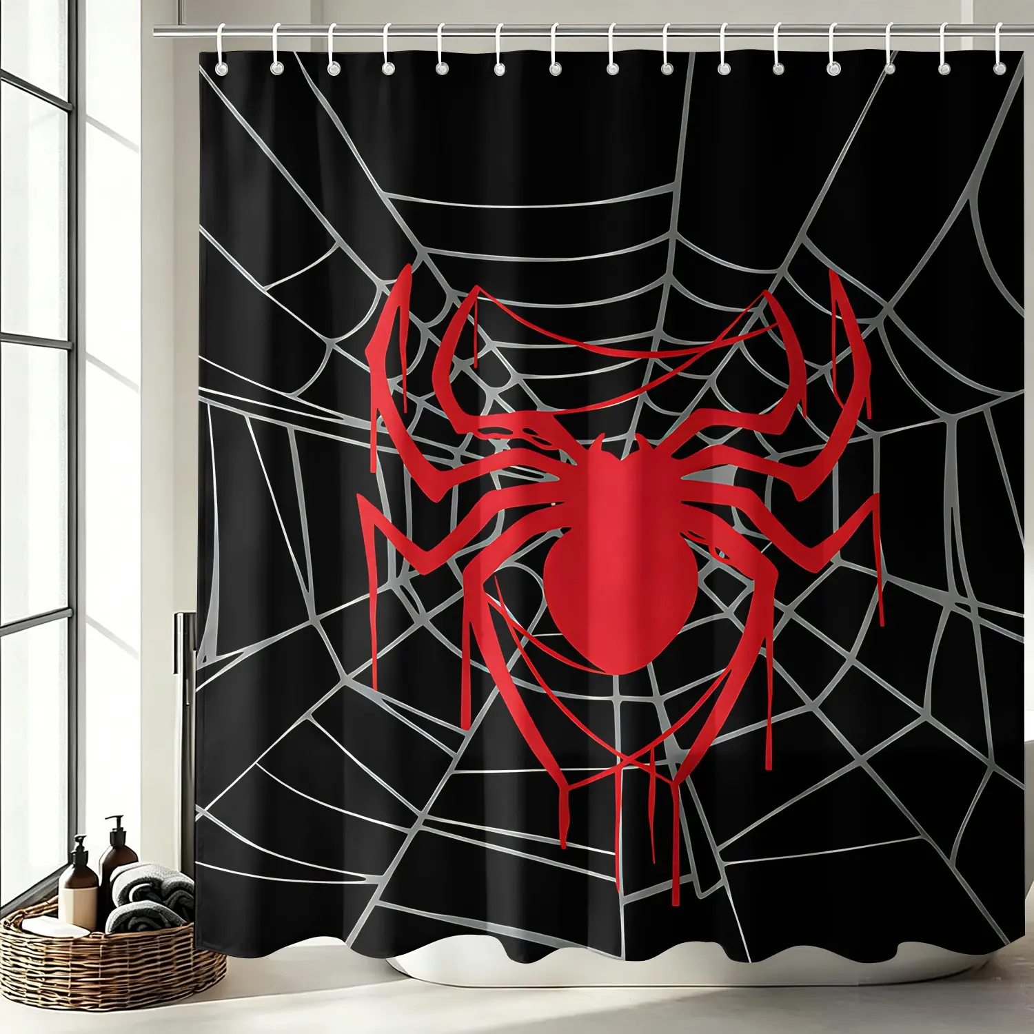 Black Red Spider Web Shower Curtain, Dripping Graffiti Spider Icon Cool Bathroom Decor, Street Punk Style for Teens Boys Shower Curtains with Hooks 72x72Inch