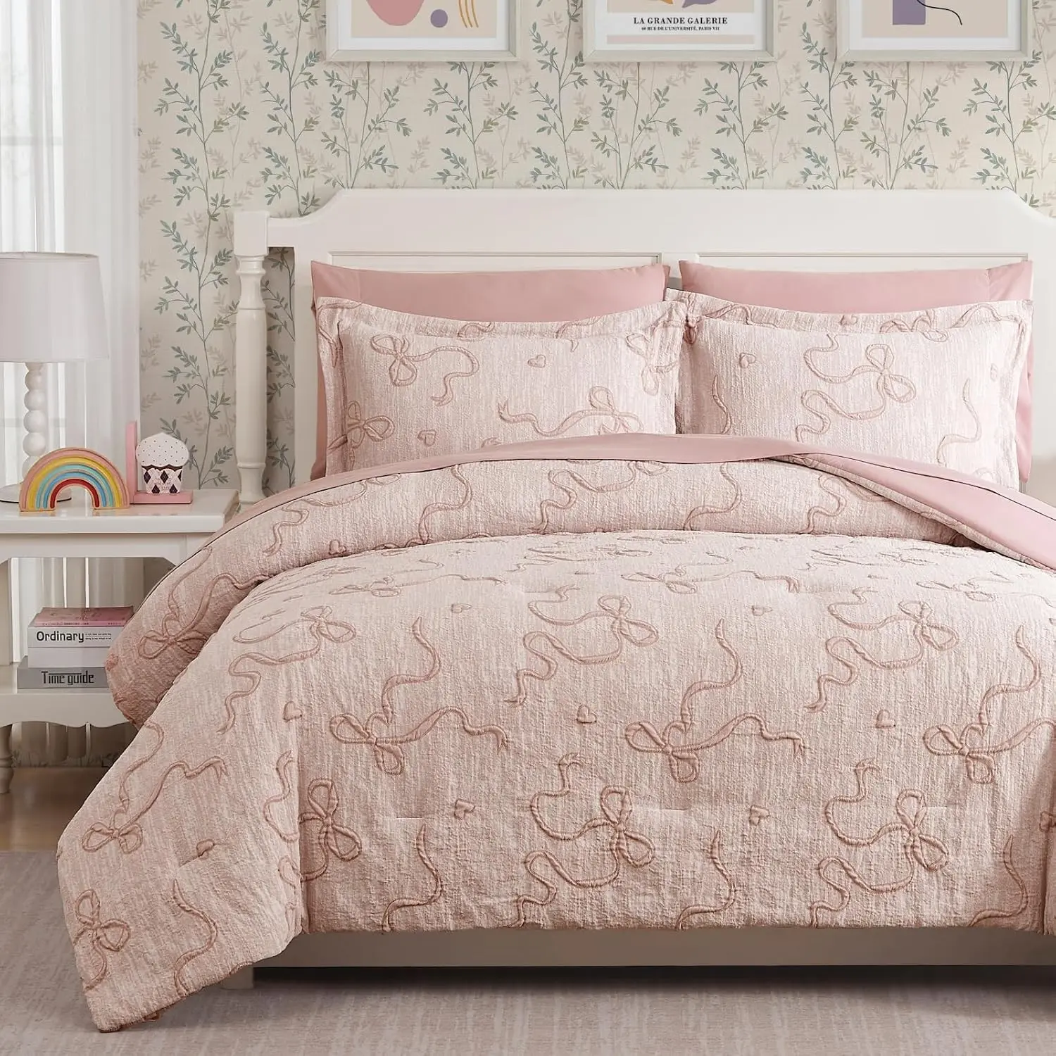 Full Size Comforter Sets for Girls - 7 Pieces Pink Bedding Bow Bed in a Bag | Jacquard Cottage Core Bedding Sets, All Season Twin Bed Set with Comforter, Sheets, Pillowcases & Shams