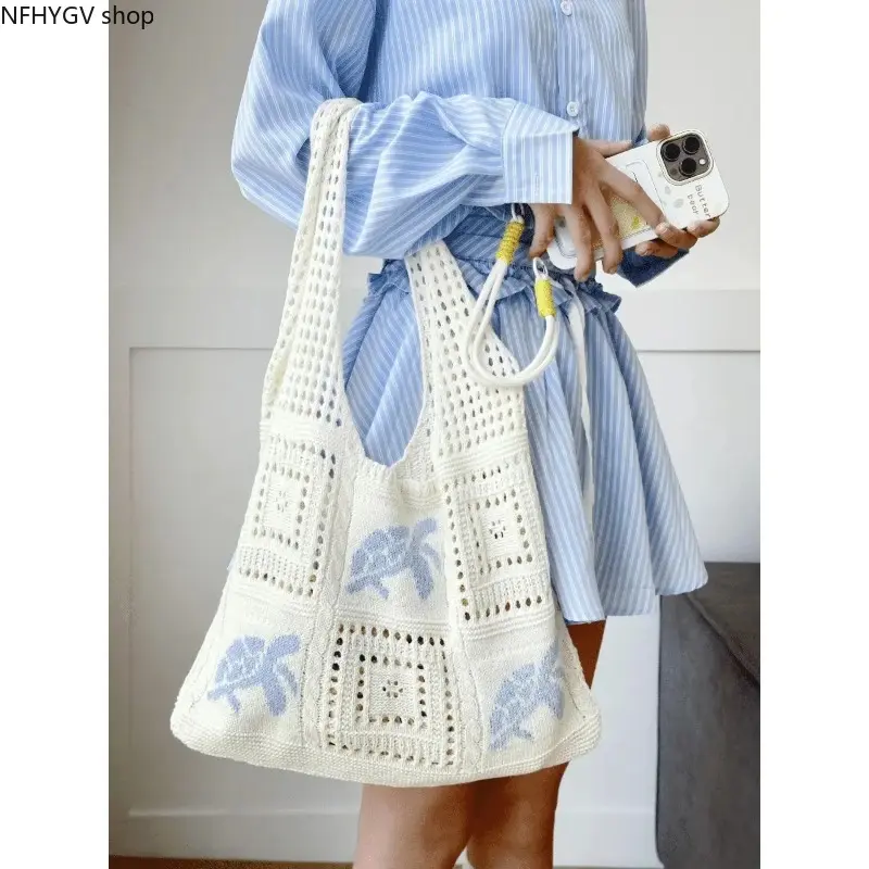 Cute Turtle Crochet Tote Bag For Women Crafted With Exquisite Handmade Knitted Weave, Spacious Lightweight Shoulder Handbag With Breathable Texture, Trendy Vacation Accessory Perfect For Beach Trips And Daily Travel Outfit Matching