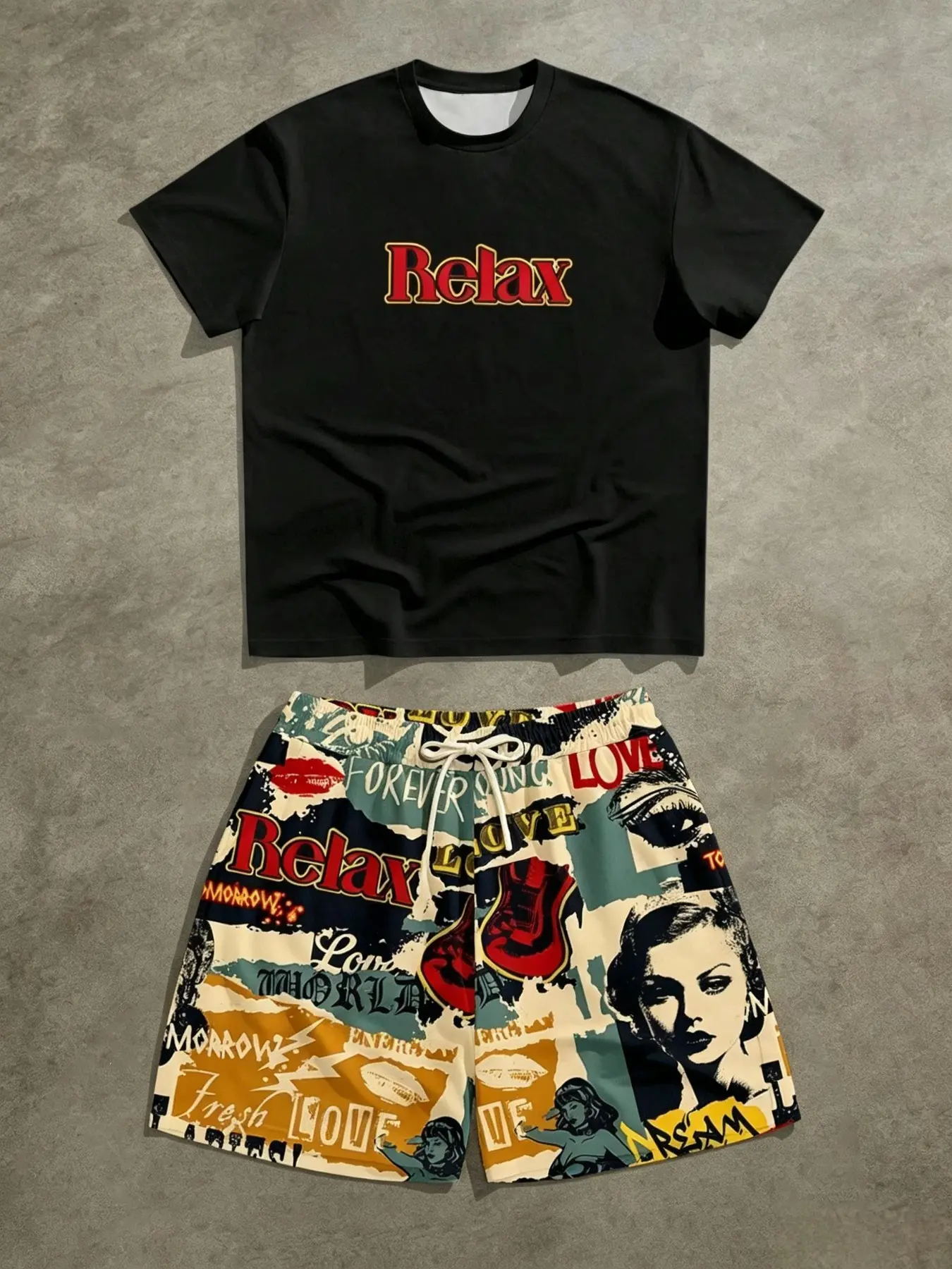 Men's Summer Two-Piece Set, Relax Letter Print Short Sleeve T-Shirt + Retro Pop Art Drawstring Shorts, Vintage Casual Streetwear