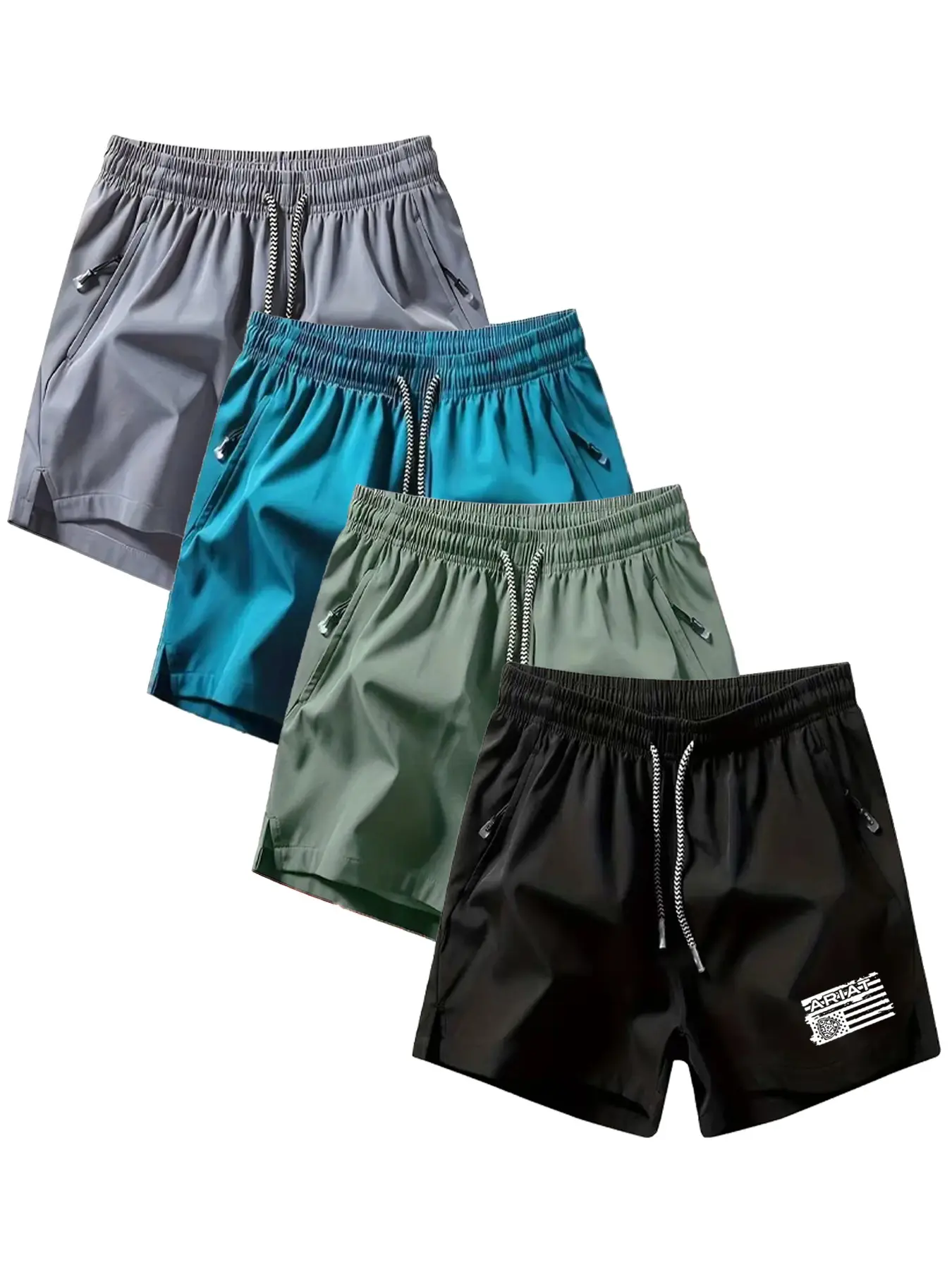 Summer Flag Print Quick-Dry Sport Shorts for Men, Drawstring Zip Pocket Five-Quarter Pants, Breathable Training Casual Shorts