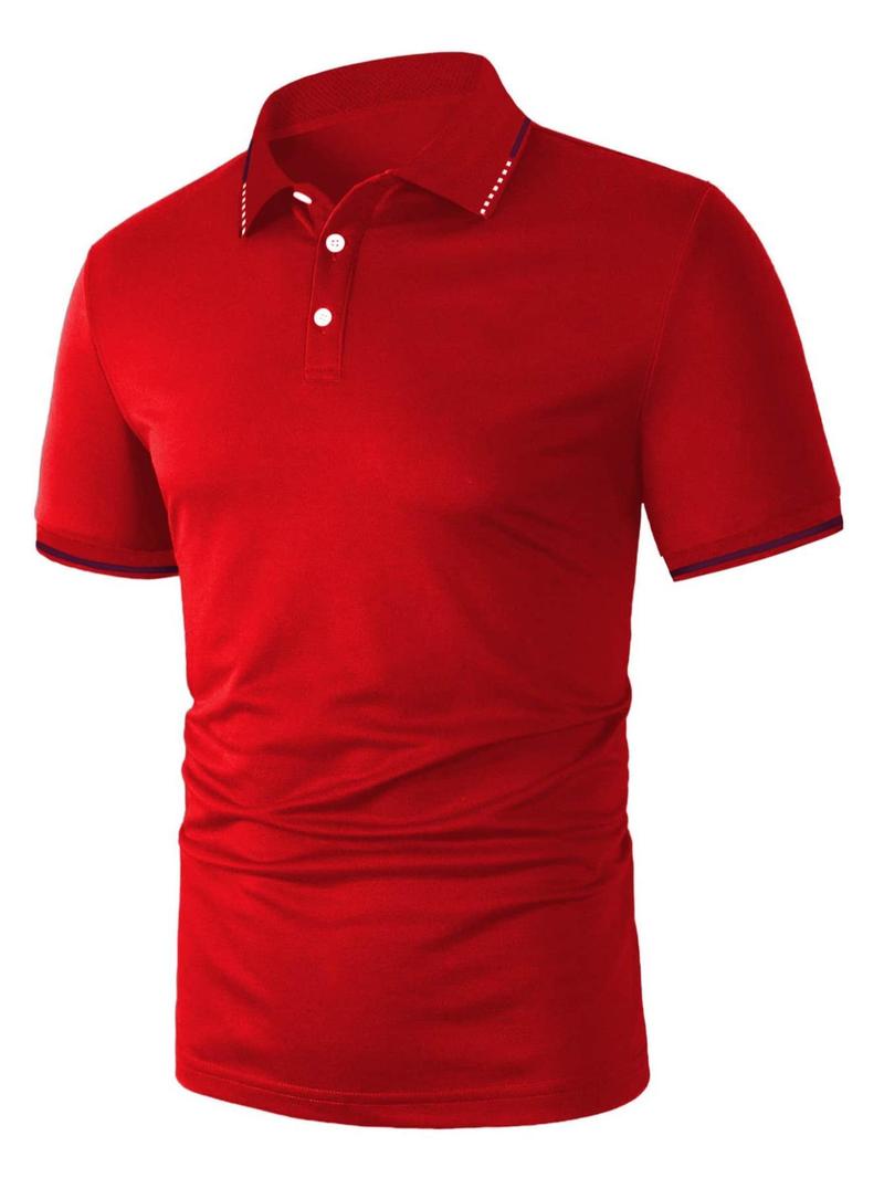Men's Regular Fit Contrast Binding Short Sleeve Polo Shirt, Casual Solid Button Front Top for Summer, Fashion Men's Clothes for Daily Wear