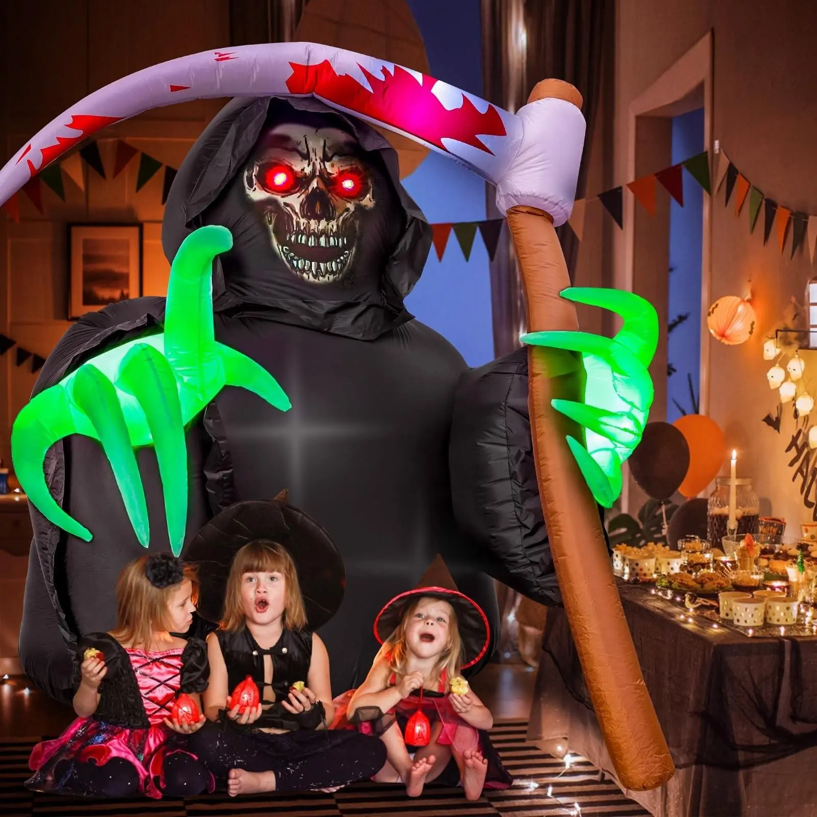 Halloween Inflatable Decoration Featuring Grim Reaper with LED Lights for Outdoor and Indoor Festive Decor, Spooky Yard and Lawn Decoration Props for Halloween Parties