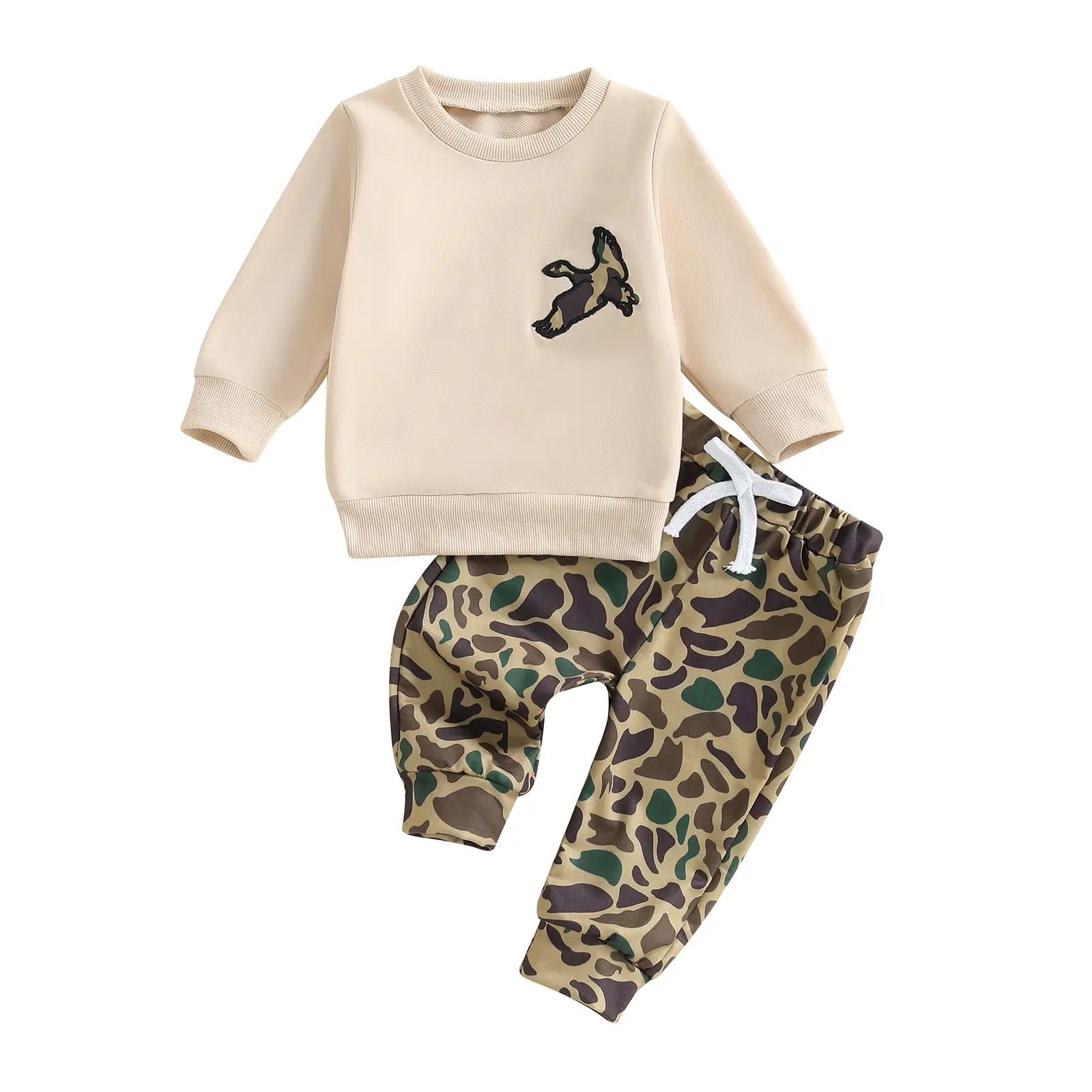 [Lullaby] Baby Boy 2Pcs Fall Outfit Long Sleeve Wild Goose Embroidery Sweatshirt + Pants Set Warm Clothes