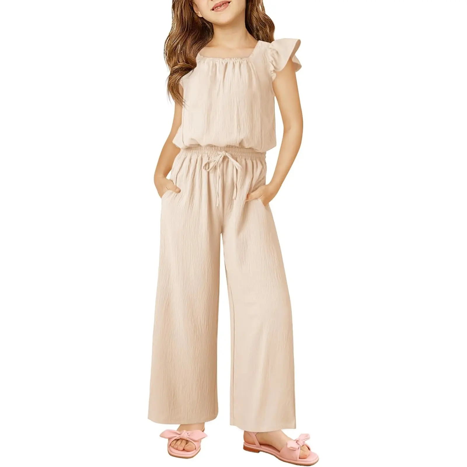Haloumoning Girls Jumpsuits Square Neck Ruffle Sleeves Rompers 5-14 Years | Kids Fashion, Drawstring Overalls with Pockets, Wide Leg, One Piece Jumpsuit, Short Sleeve, Casual, Solid Color, Loose Fit