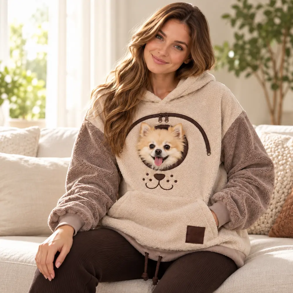 Women's Embroidered Fleece Hoodie - Oversized Longsleeves Pet Pouch Pullover with Drawstring, Zipper Front Pocket, Warm Pet Carrier Top for Small Dogs & Cats, Fall Winter Casual Wear