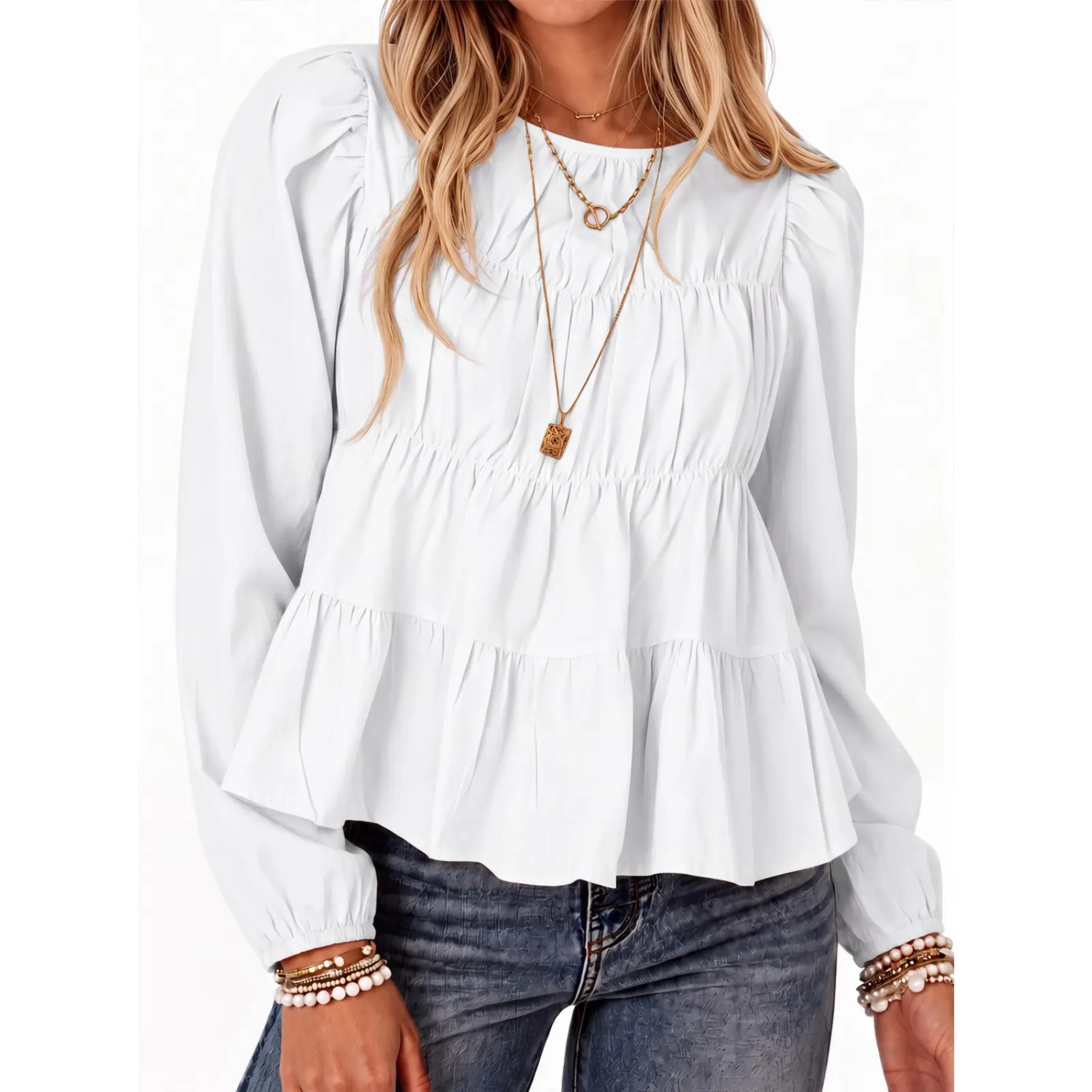Tankaneo Womens Puff Long Sleeve Babydoll Tops Peplum Pleated Flowy Blouse | Spring Fall, Crew Neck, Trendy Casual, Loose Fit, Cute Shirts, Back Keyhole