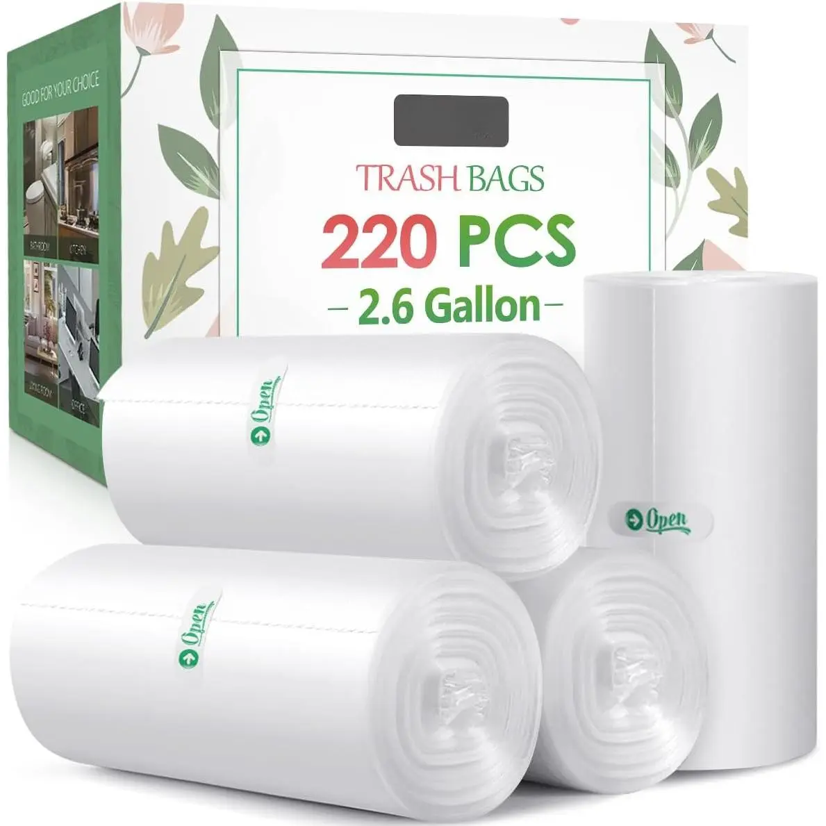 2.6 Gallon 220 Counts Small Trash Bags Garbage Bags , Bathroom Trash Can Bin Liners, Small Plastic Bags for home office kitchen,fit 10 Liter, 2,2.5,3 Gal, Clear