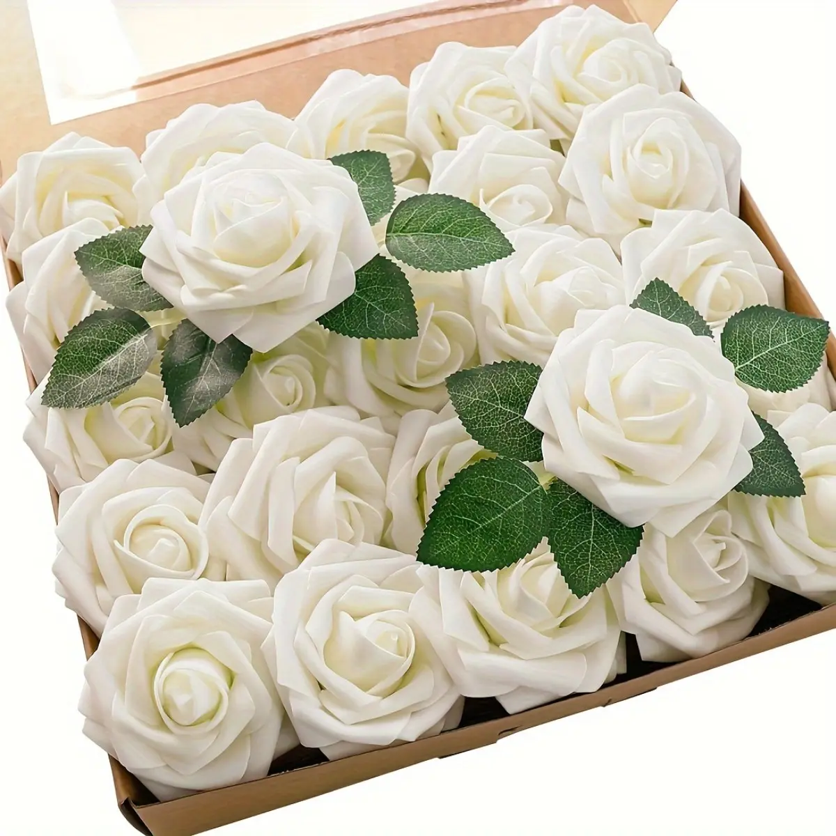 25 Pack White Artificial Foam Roses with Stems Real Looking Fake Flower Realistic Faux Flowers Bouquet DIY Wedding Floral Arrangement Bridal Shower Centerpieces Party Table Decor Home Vase Filler Celebration Craft Supplies