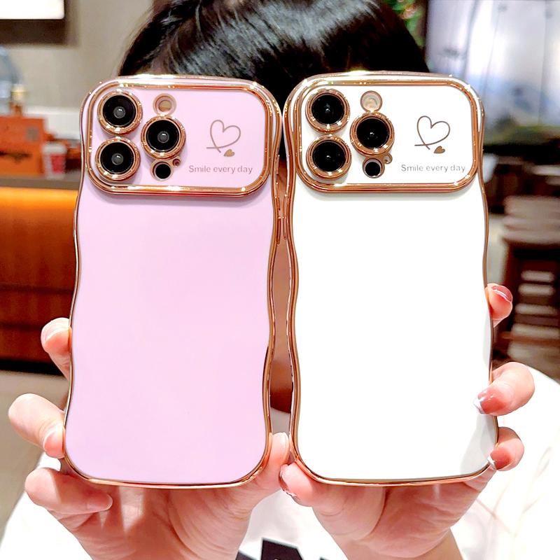 OREKROY [FreeShip] Cute Wave Shape with Love Heart Raised Camera Protection Phone case For iPhone 16 15 14 13 1211 Pro Max Accessories Durable Silicone Shiny Silicone Shiny Wavy