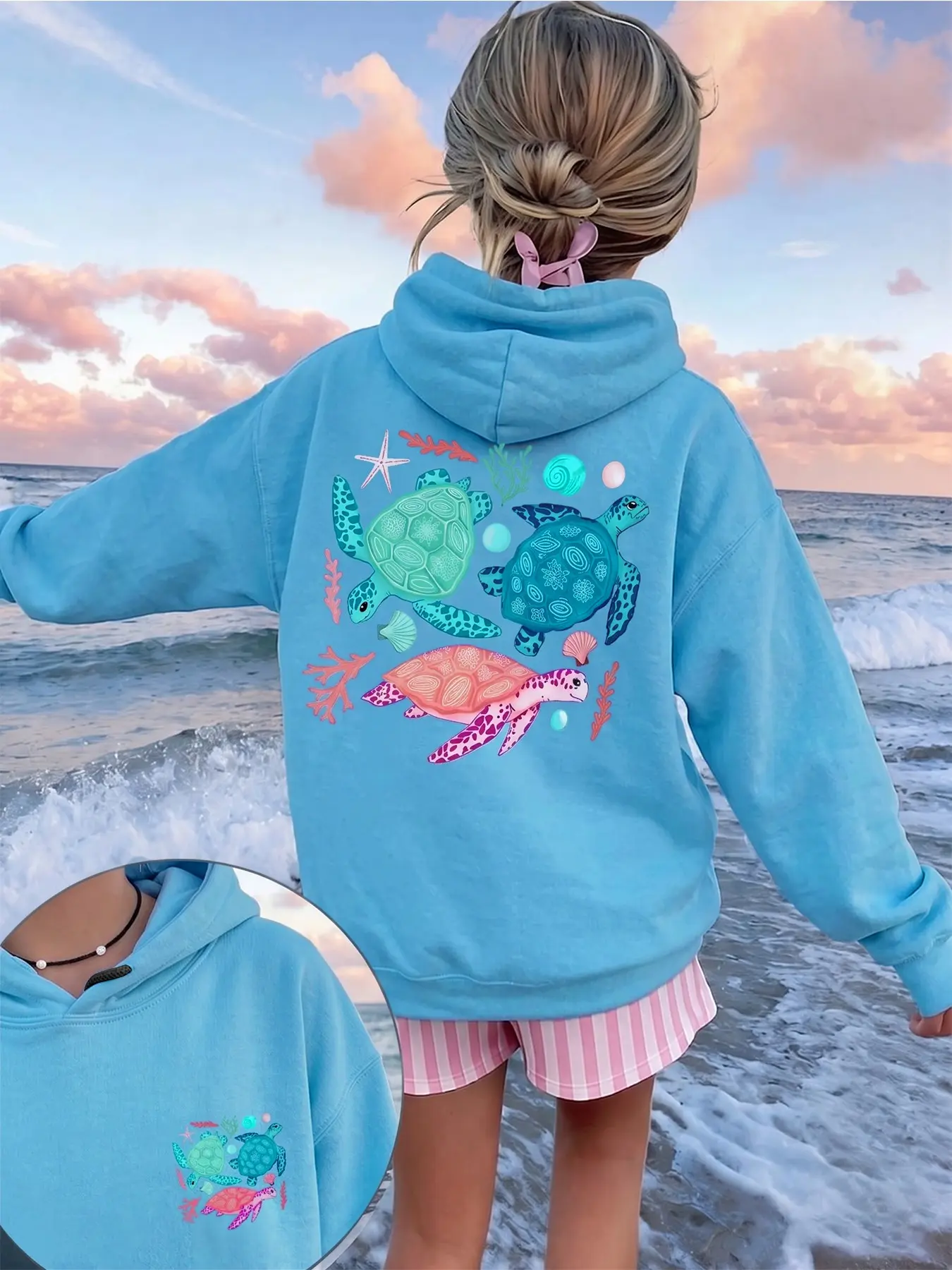 Women's Thickened Fleece Hoodie, Casual Drawstring Design with Pockets, Sea Turtle Print, Fall Winter Sweatshirt, Unisex, Gift Idea