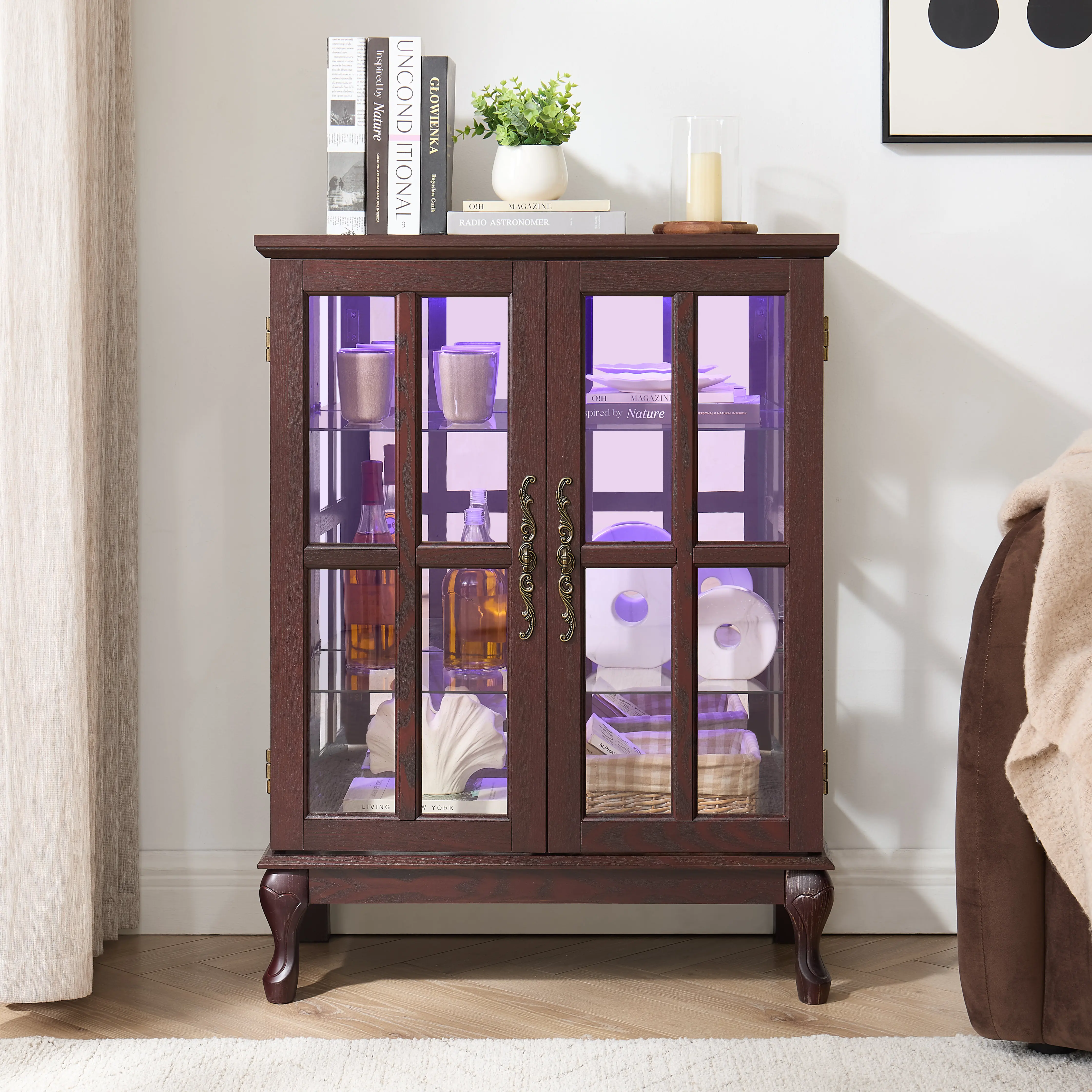 ARCH Glass Storage Cabinet with RGB Light Strip, Dark Cherry MDF+Glass Display Cabinet with 2 Adjustable Shelves, Grid Door Buffet Sideboard with Magnetic Catch for Dining Room Living Room Bedroom, Cherry Color Options, MDF+glass Material