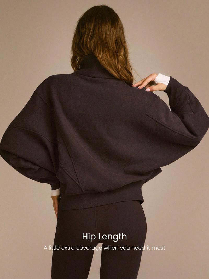 GLOWMODE Everyday Fleece WarmthSoft Warm Lightweight Front Back Seam Detailing Pockets Batwing Sleeve High Neckline Full-Zip Jacket