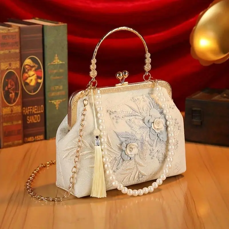Viral Floral Embroidered Lace Clutch Purse | Aesthetic Vintage Evening Bag with Detachable Strap | Elegant Bridal & Party Handbag | Charming Accessory for Weddings, Proms & Formal Banquets
