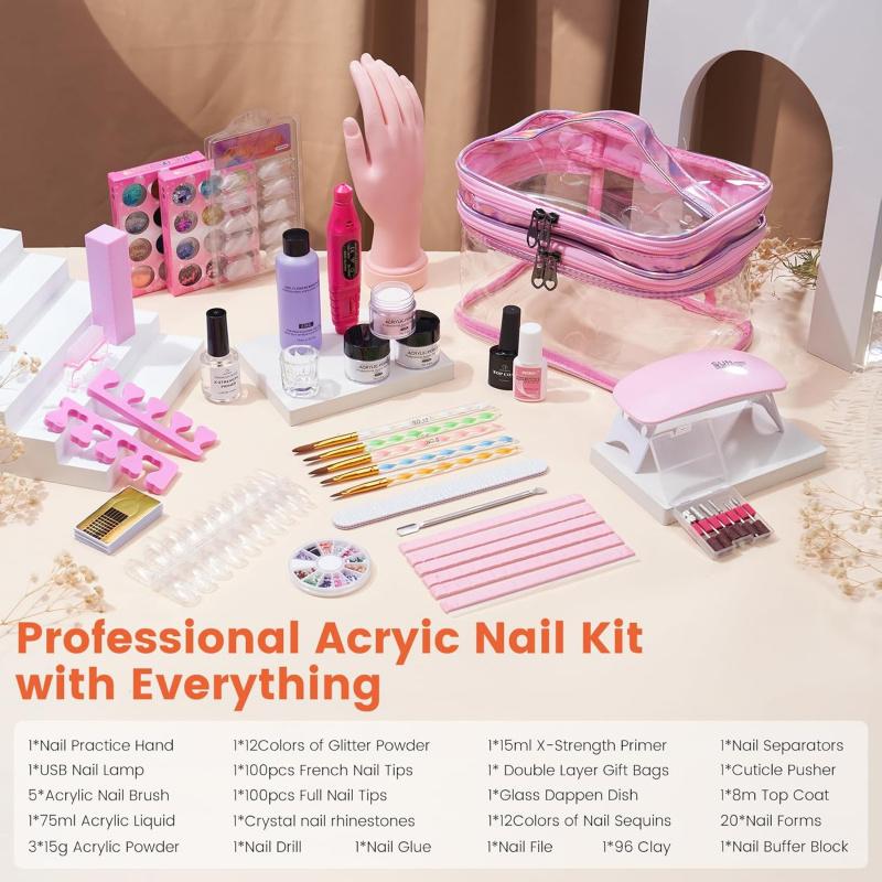 Nail Kit for Beginners with Everything: Practice Nail Hand Acrylic Set Professional Powder Liquid Starter Kits with Drill U/V Lamp in Cosmetic Gift Bag for Salon Home (Pink)