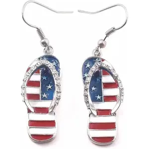 coadipress American USA Flag Earrings for Women Patriotic Red White Blue Flip Flop Sandal Cubic Zircon Dangle Drop Earrings, 4th of July Independence Day Gift