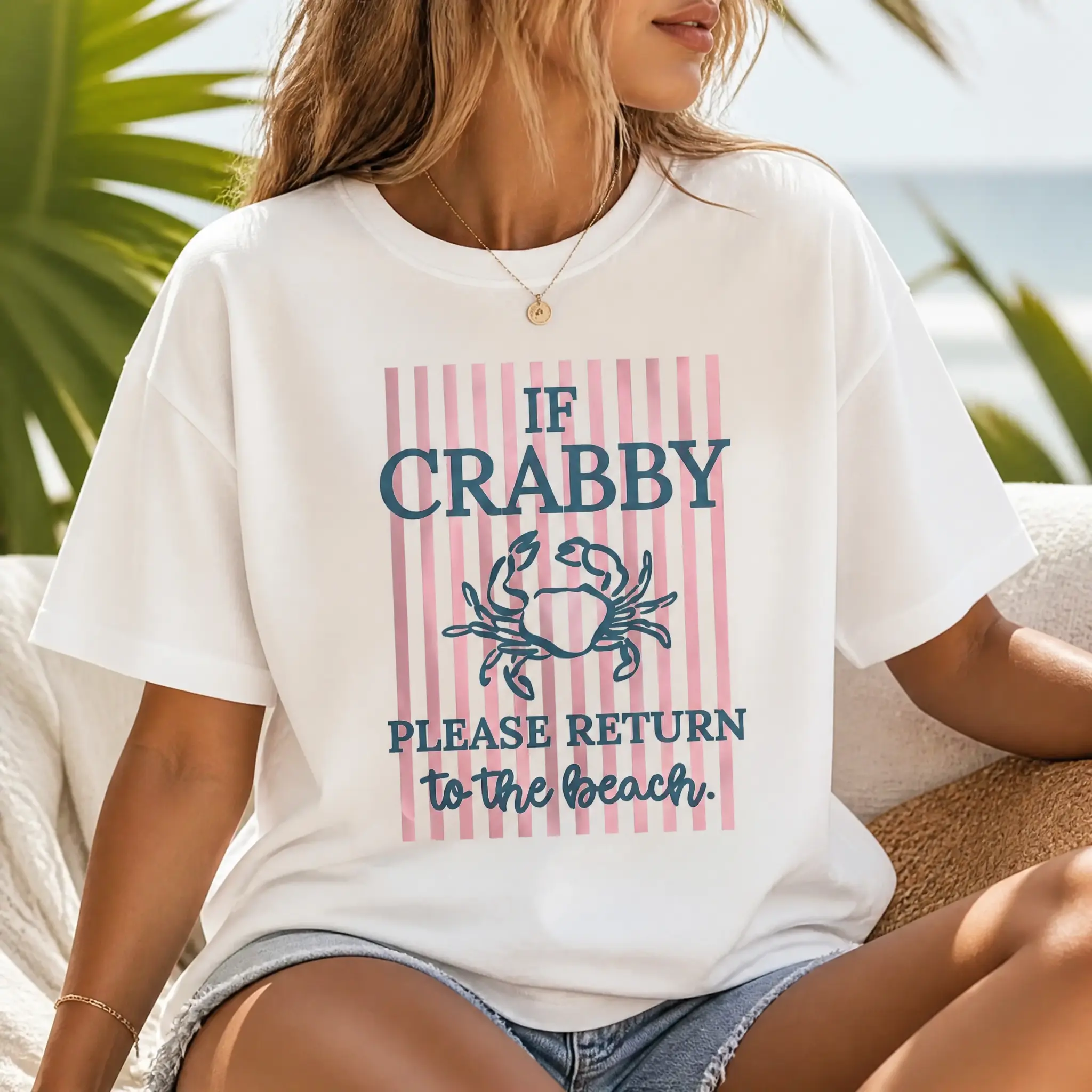 Women's Vintage Oversized T-Shirt, 'If Crabby' Graphic Print Top, Casual Lightweight Loose Short Sleeve Tee for Summer, Essential, Shortsleeve, Everyday, Fabric, Unisex, Fit, Cargo, Baggy, Comfortable, Piece, Fashion, Style, Statement